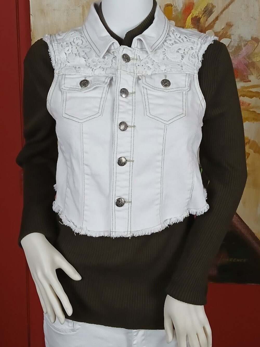 rue21 Cropped White Denim & Lace Vest